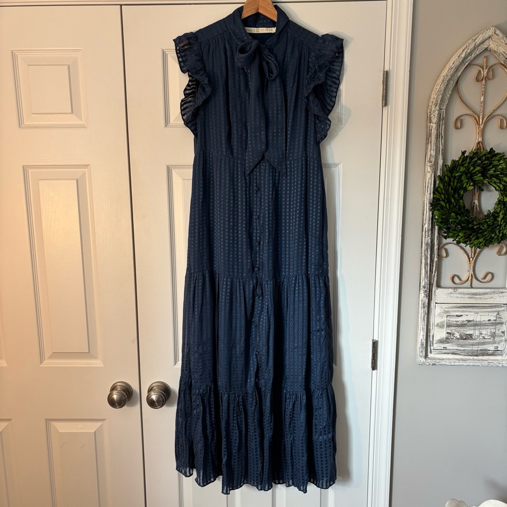 Marie Oliver Kylee Dress Navy Ocean Maxi Dress Frill Ruffle Bow Feminine S Chic - Picture 4 of 10